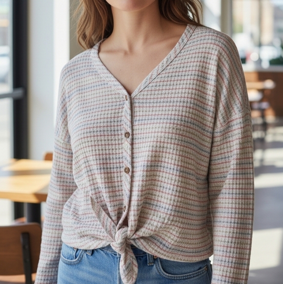 Paper Crane Tops - Paper Crane Striped V-Neck Tie Front Button Up Blouse Size M